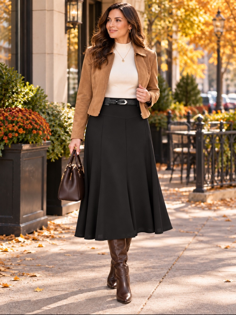 Evan-Picone Black Paneled A-Line Midi Skirt Belted Size 14